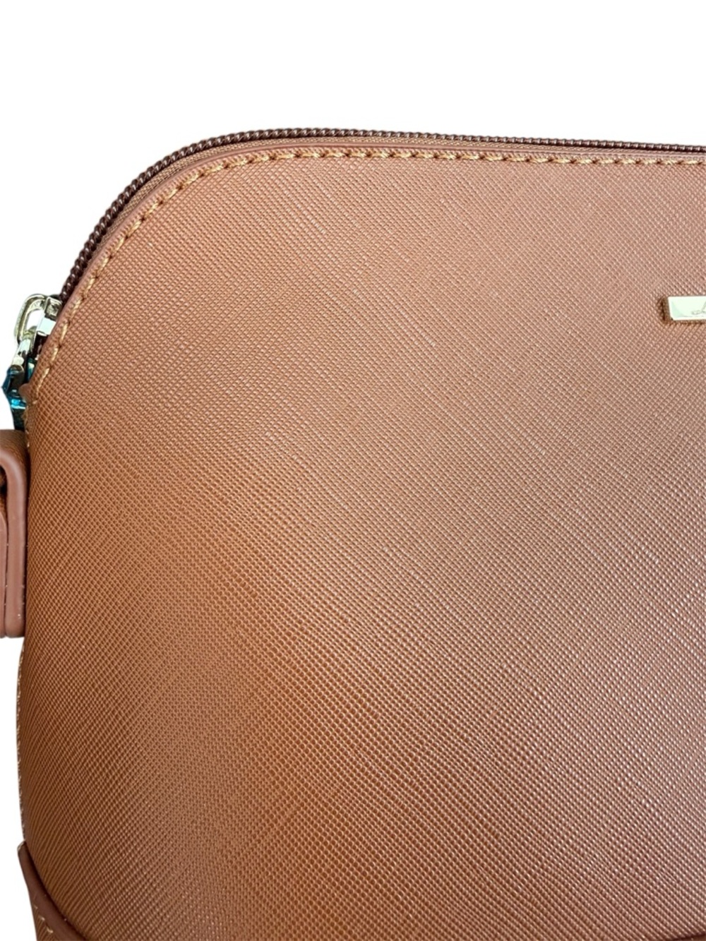 Saffiano Tan Crossbody Bag Structured Minimal Gold Hardware - Picture 3 of 10